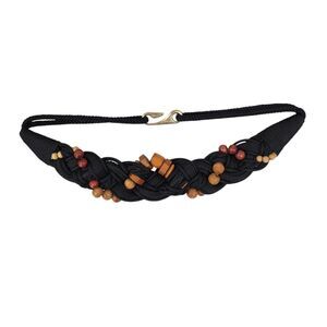 Black Braided Belt with Wooden Beads Vintage 80s Nylon Strech Cord Woven